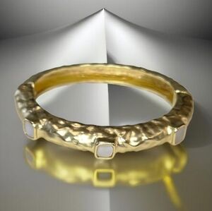 14k Gold Plated Artisan Hammered Mother Of Pearl Chunky Hinged Bangle Bracelet